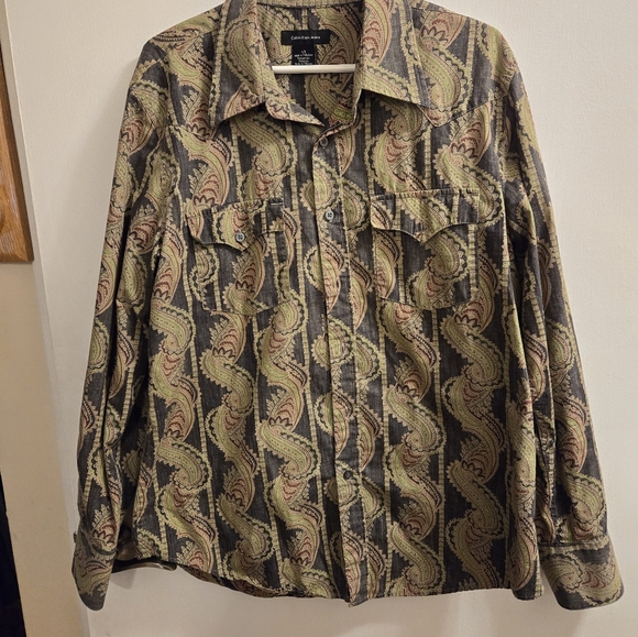 Men's Calvin Klein Shirt Large Green Long Sleeve Paisley Button Up Casual - Picture 3 of 14